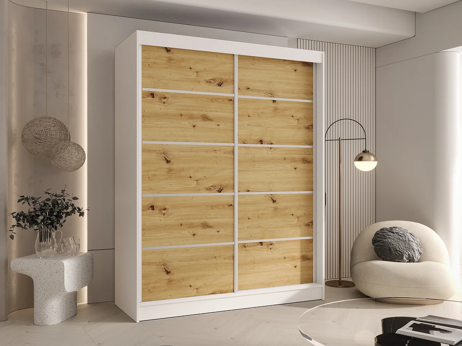CHARLOTTE C4 Zweitüriger Schiebeschrank TOP PRODUKT 150cm Garderobe mit Kleiderstange/Regalböden, Verschieden Farben, Möbel vom Hersteller (Weiß/Artisan)