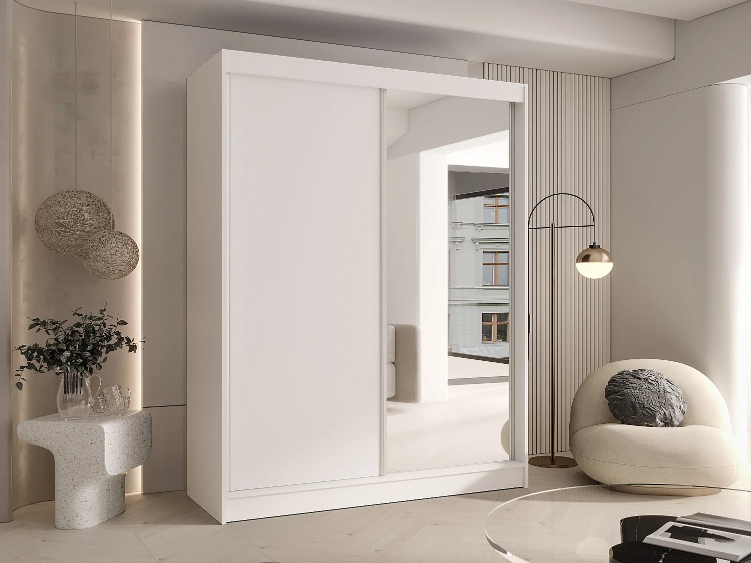 CHARLOTTE C1 Zweitüriger Schiebeschrank mit Spiegel, TOP PRODUKT 150cm Garderobe mit Kleiderstange/Regalböden, Verschieden Farben, Möbel vom Hersteller  (Weiß)