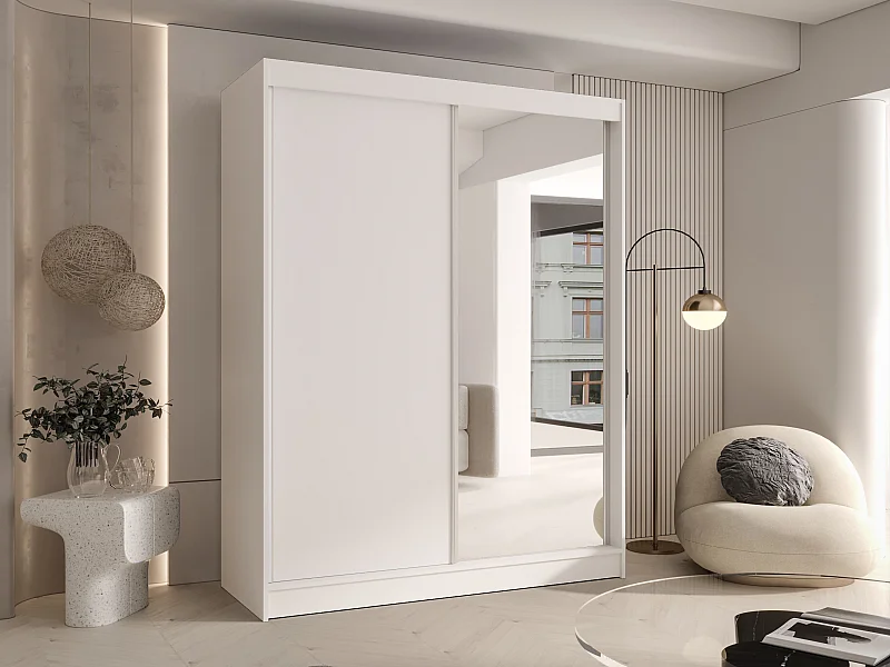 CHARLOTTE C1 Zweitüriger Schiebeschrank mit Spiegel, TOP PRODUKT 150cm Garderobe mit Kleiderstange/Regalböden, Verschieden Farben, Möbel vom Hersteller  (Weiß)