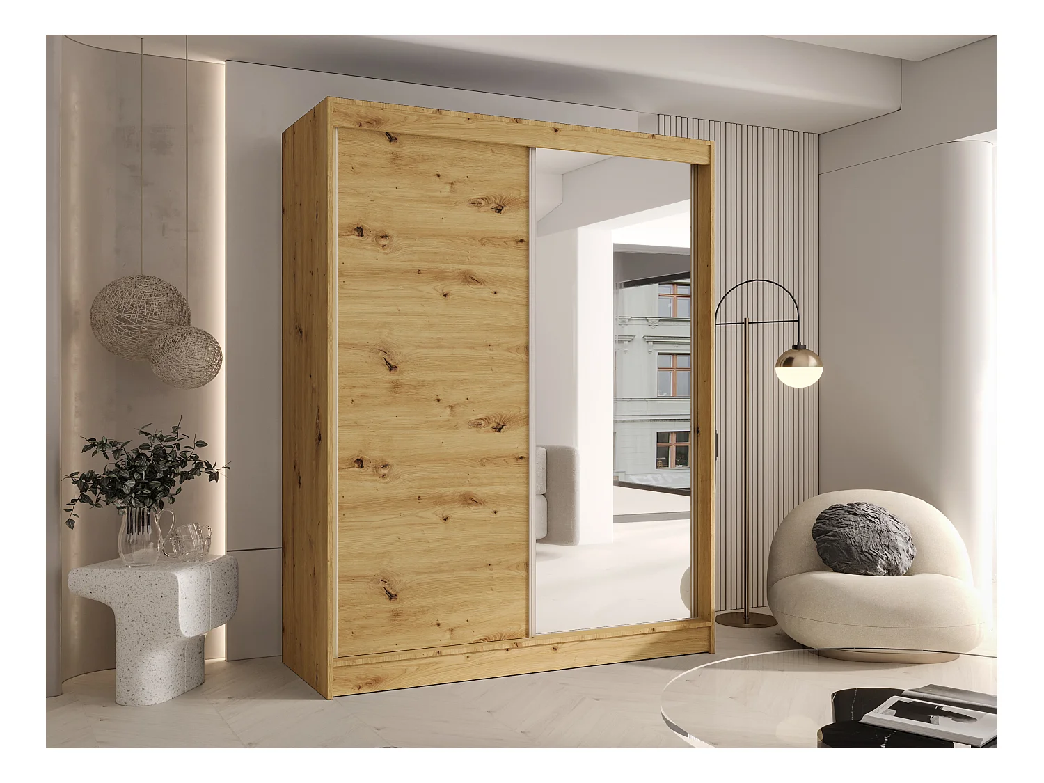 CHARLOTTE C1 Zweitüriger Schiebeschrank mit Spiegel, TOP PRODUKT 150cm Garderobe mit Kleiderstange/Regalböden, Verschieden Farben, Möbel vom Hersteller (Artisan)