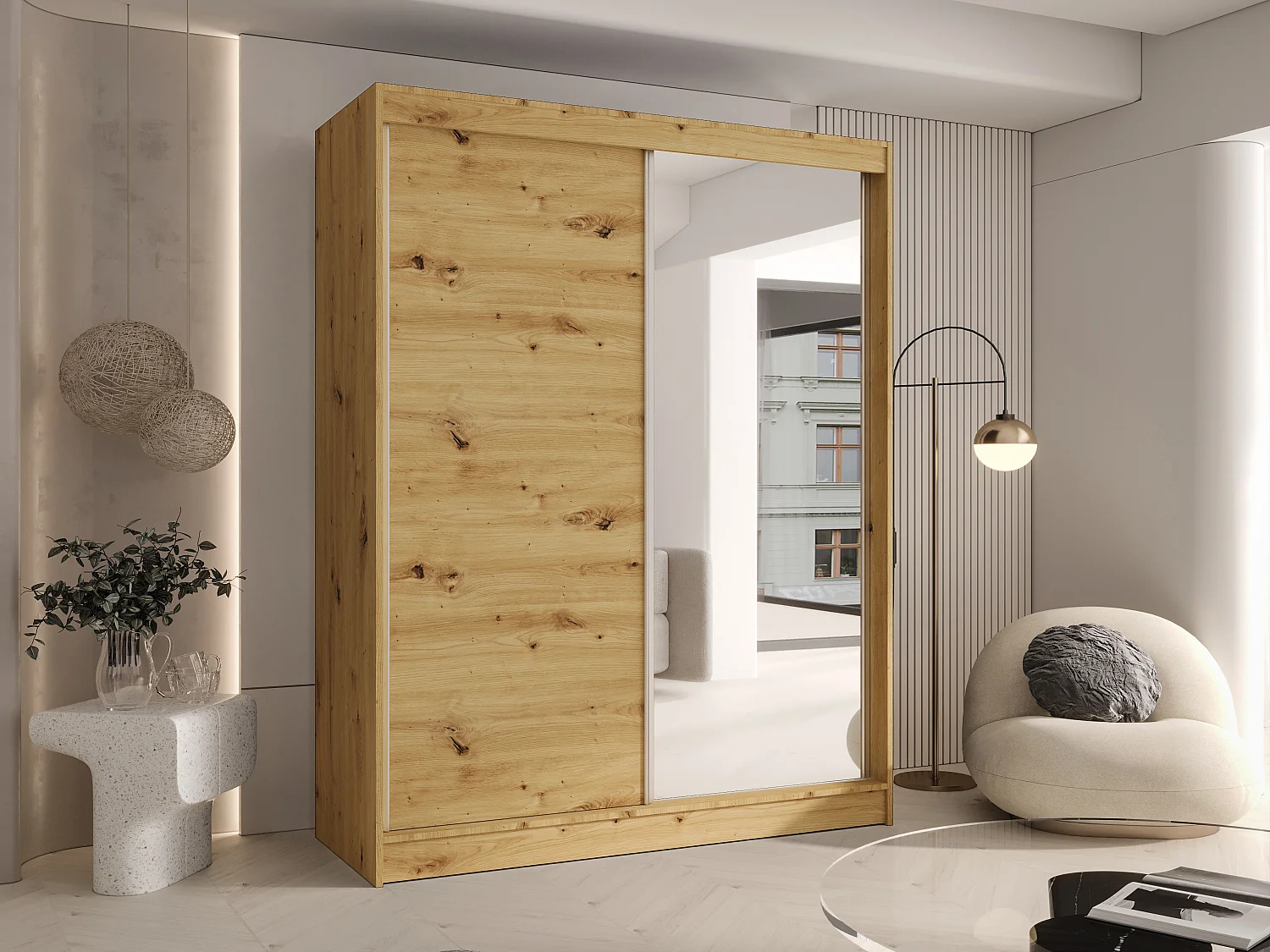 CHARLOTTE C1 Zweitüriger Schiebeschrank mit Spiegel, TOP PRODUKT 150cm Garderobe mit Kleiderstange/Regalböden, Verschieden Farben, Möbel vom Hersteller (Artisan)