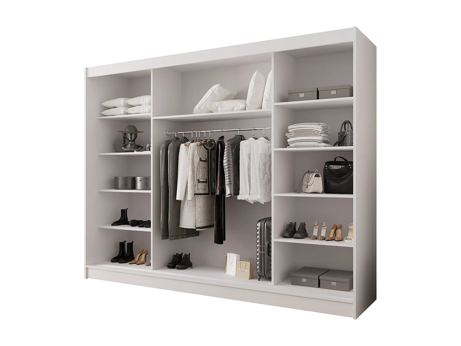 AUSTIN A2 Dreitüriger Schrank mit Schiebetüren, TOP PRODUKT 250cm Garderobe mit Kleiderstange/Regalböden, Verschieden Farben, Möbel vom Hersteller (Weiß)