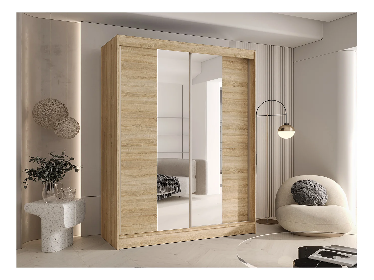 CHARLOTTE C2 Zweitüriger Schiebeschrank mit Spiegel, TOP PRODUKT 150cm Garderobe mit Kleiderstange/Regalböden, Verschieden Farben, Möbel vom Hersteller (Sonoma)