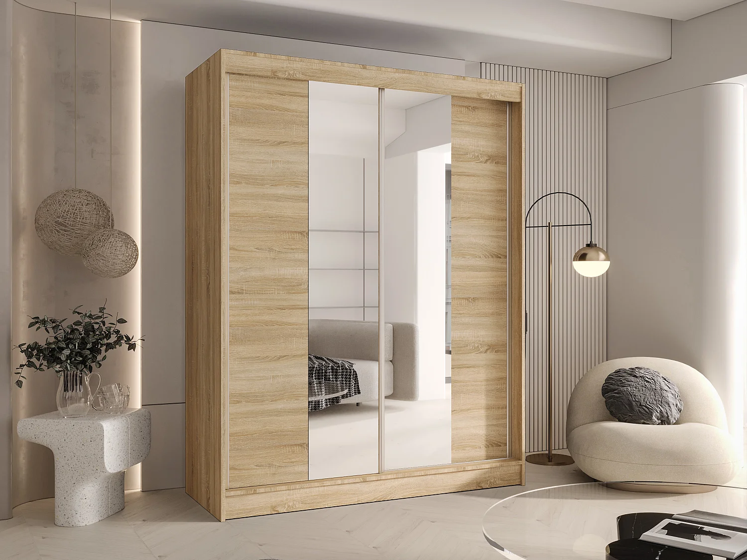 CHARLOTTE C2 Zweitüriger Schiebeschrank mit Spiegel, TOP PRODUKT 150cm Garderobe mit Kleiderstange/Regalböden, Verschieden Farben, Möbel vom Hersteller (Sonoma)