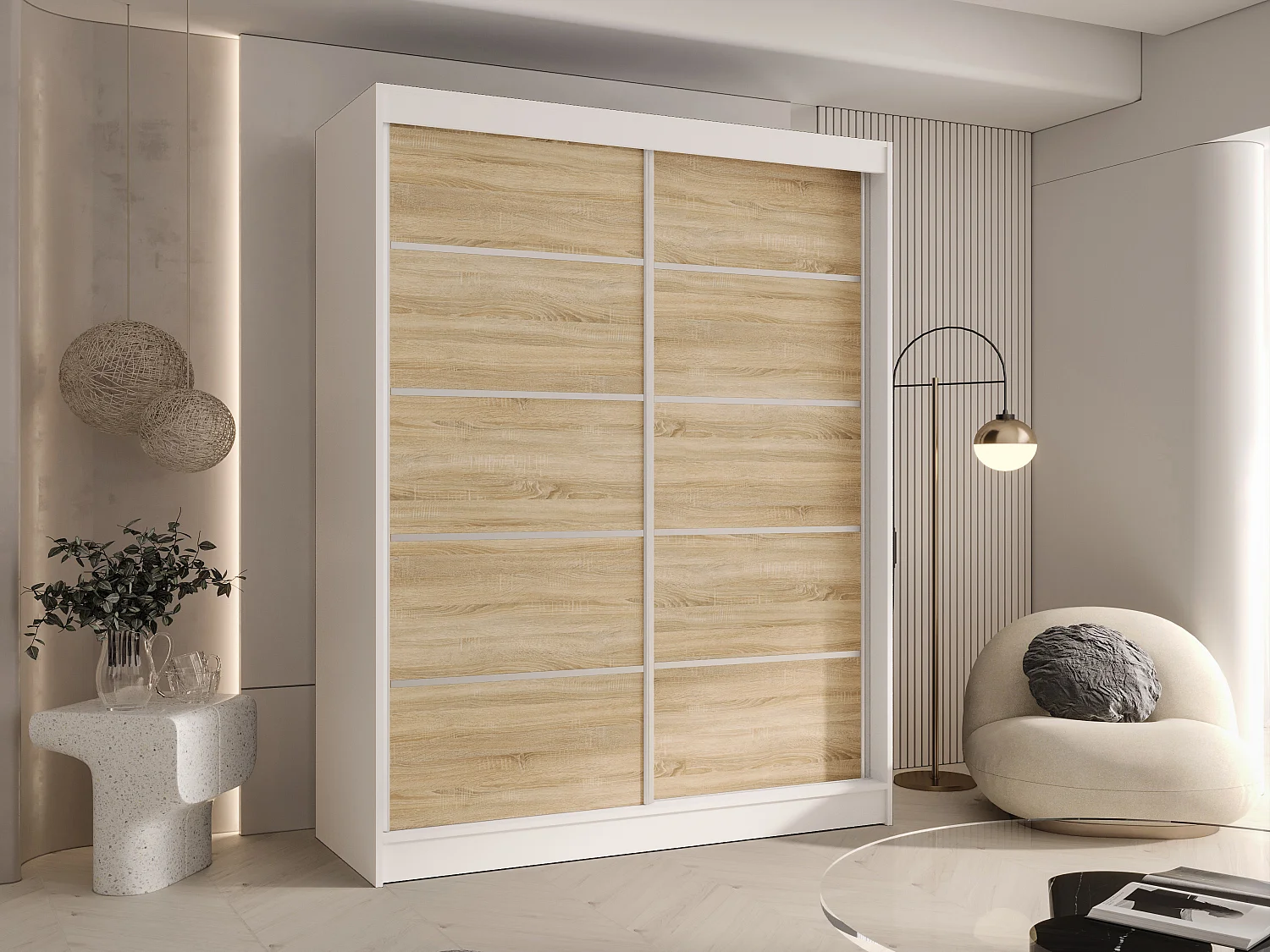 CHARLOTTE C4 Zweitüriger Schiebeschrank TOP PRODUKT 150cm Garderobe mit Kleiderstange/Regalböden, Verschieden Farben, Möbel vom Hersteller (Weiß/Sonoma)