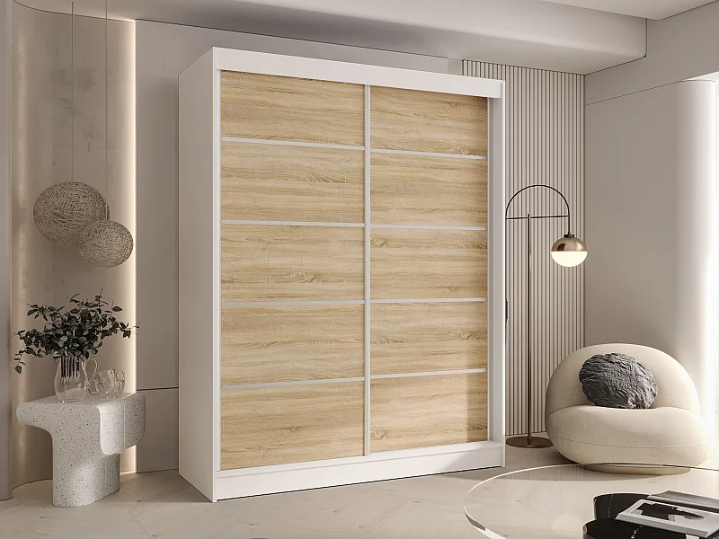 CHARLOTTE C4 Zweitüriger Schiebeschrank TOP PRODUKT 150cm Garderobe mit Kleiderstange/Regalböden, Verschieden Farben, Möbel vom Hersteller (Weiß/Sonoma)