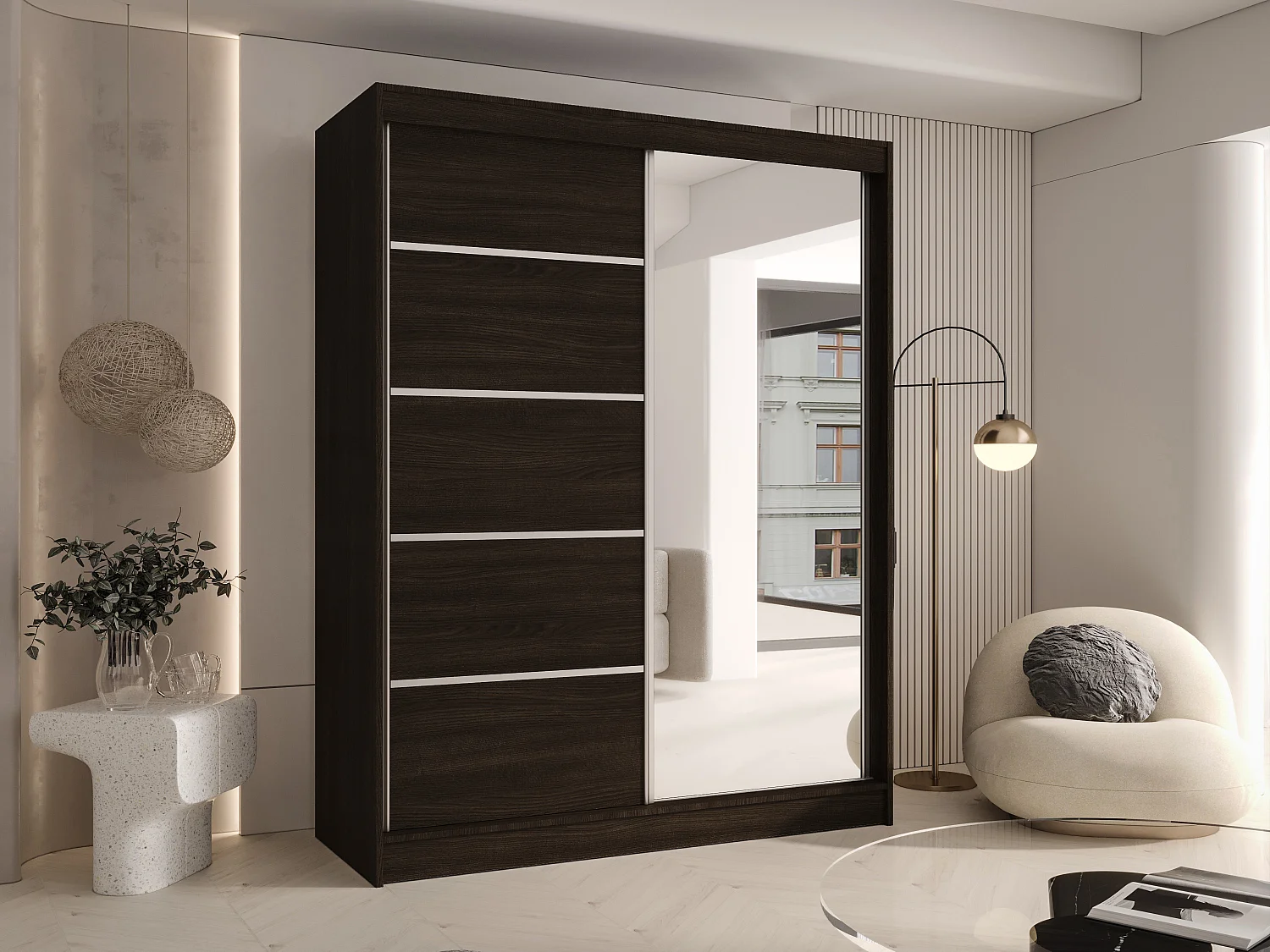 CHARLOTTE C3 Zweitüriger Schiebeschrank mit Spiegel, TOP PRODUKT 150cm Garderobe mit Kleiderstange/Regalböden, Verschieden Farben, Möbel vom Hersteller (Choco)