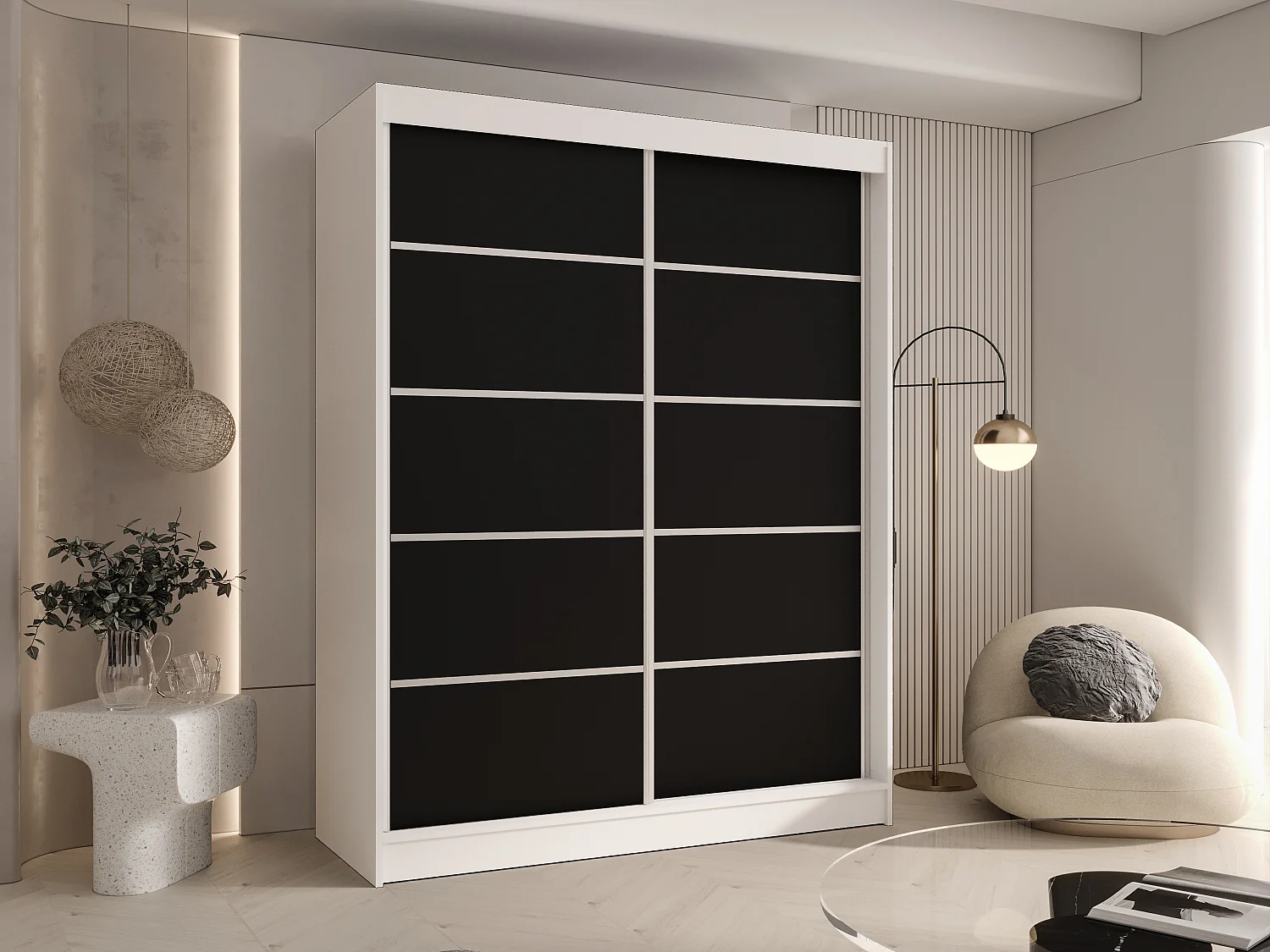 CHARLOTTE C4 Zweitüriger Schiebeschrank TOP PRODUKT 150cm Garderobe mit Kleiderstange/Regalböden, Verschieden Farben, Möbel vom Hersteller (Weiß/Schwarz)