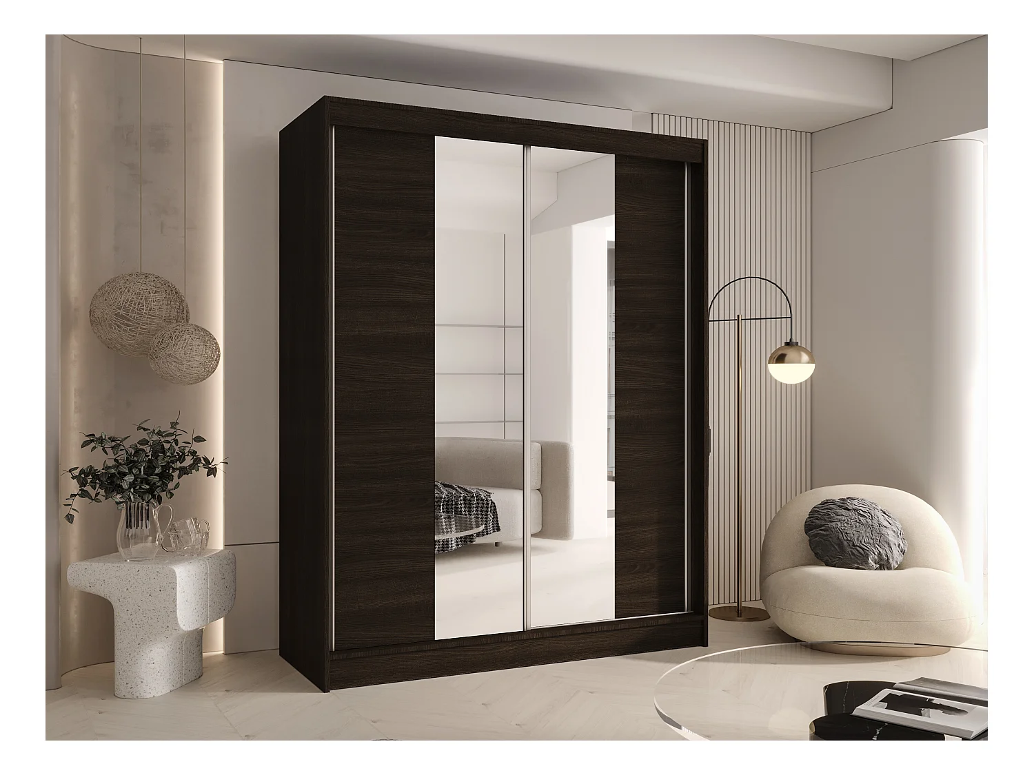 CHARLOTTE C2 Zweitüriger Schiebeschrank mit Spiegel, TOP PRODUKT 150cm Garderobe mit Kleiderstange/Regalböden, Verschieden Farben, Möbel vom Hersteller (Choco)