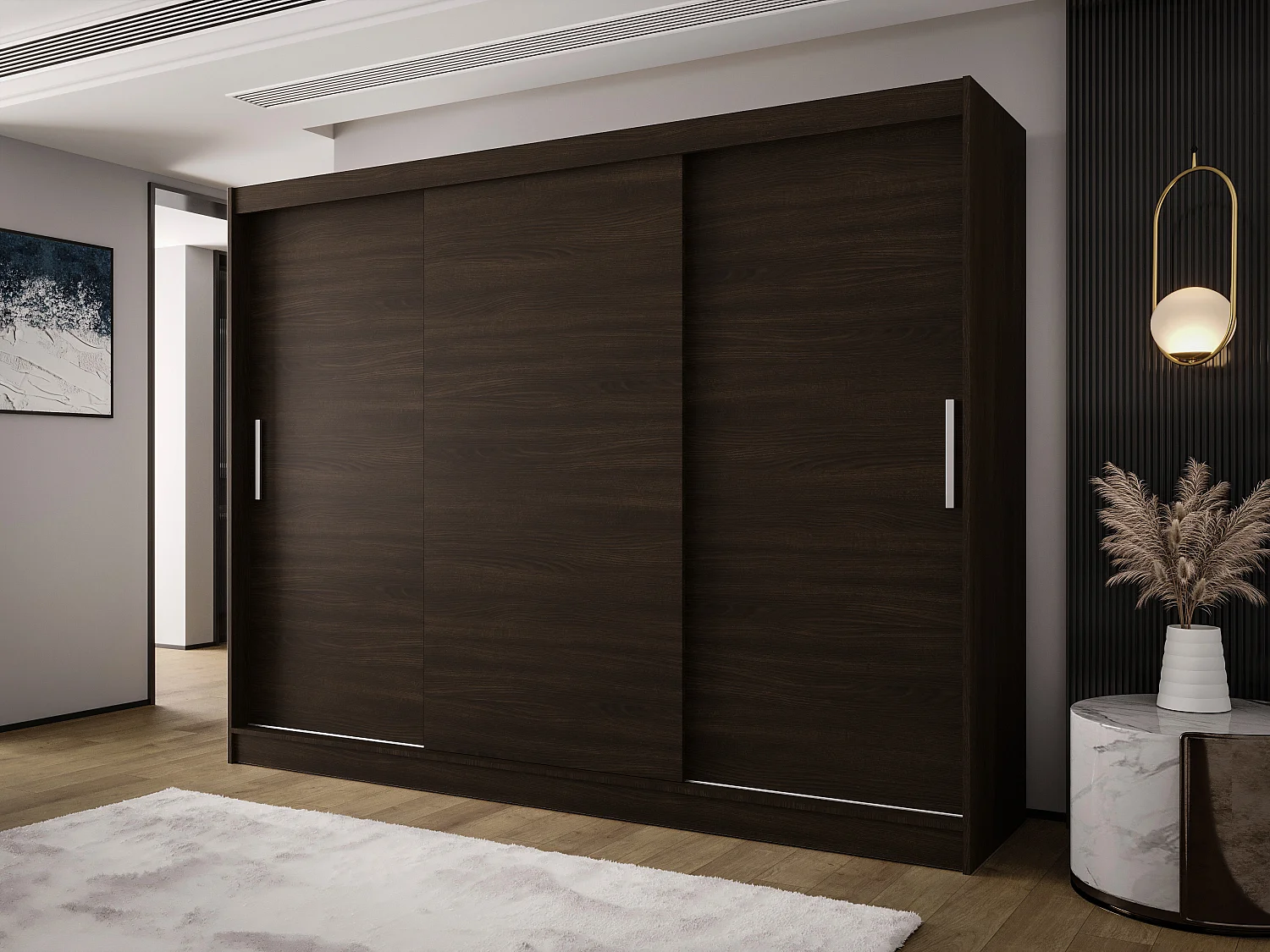 AUSTIN A2 Dreitüriger Schrank mit Schiebetüren, TOP PRODUKT 250cm Garderobe mit Kleiderstange/Regalböden, Verschieden Farben, Möbel vom Hersteller (Choco)