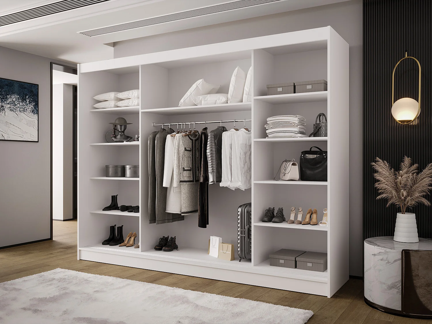 AUSTIN A2 Dreitüriger Schrank mit Schiebetüren, TOP PRODUKT 250cm Garderobe mit Kleiderstange/Regalböden, Verschieden Farben, Möbel vom Hersteller (Choco)