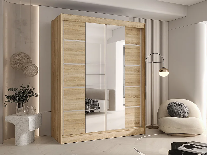 CHARLOTTE C5 Zweitüriger Schiebeschrank mit Spiegel, TOP PRODUKT 150cm Garderobe mit Kleiderstange/Regalböden, Verschieden Farben, Möbel vom Hersteller (Sonoma)