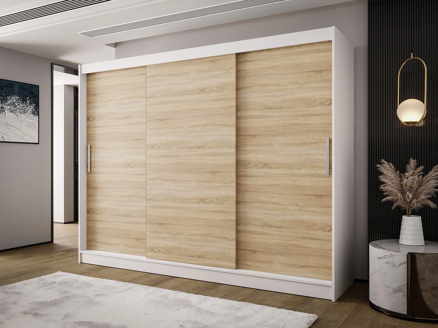 AUSTIN A2 Dreitüriger Schrank mit Schiebetüren, TOP PRODUKT 250cm Garderobe mit Kleiderstange/Regalböden, Verschieden Farben, Möbel vom Hersteller (Weiß/Sonoma)