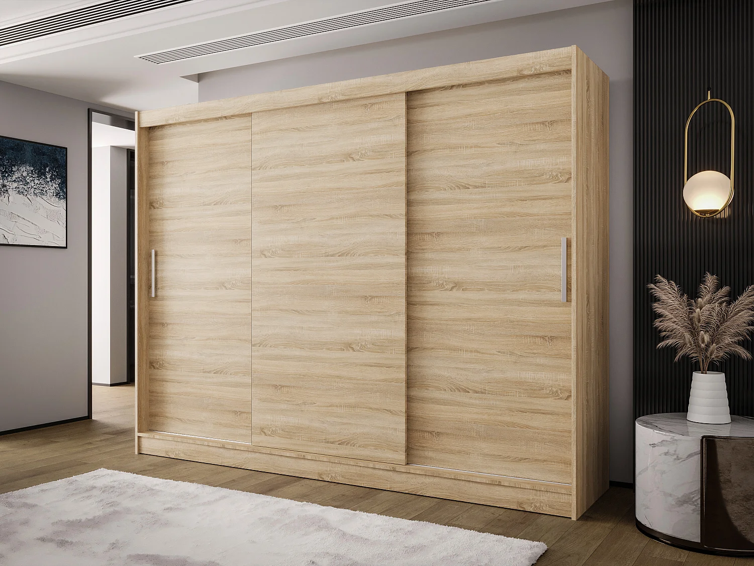 AUSTIN A2 Dreitüriger Schrank mit Schiebetüren, TOP PRODUKT 250cm Garderobe mit Kleiderstange/Regalböden, Verschieden Farben, Möbel vom Hersteller (Sonoma)