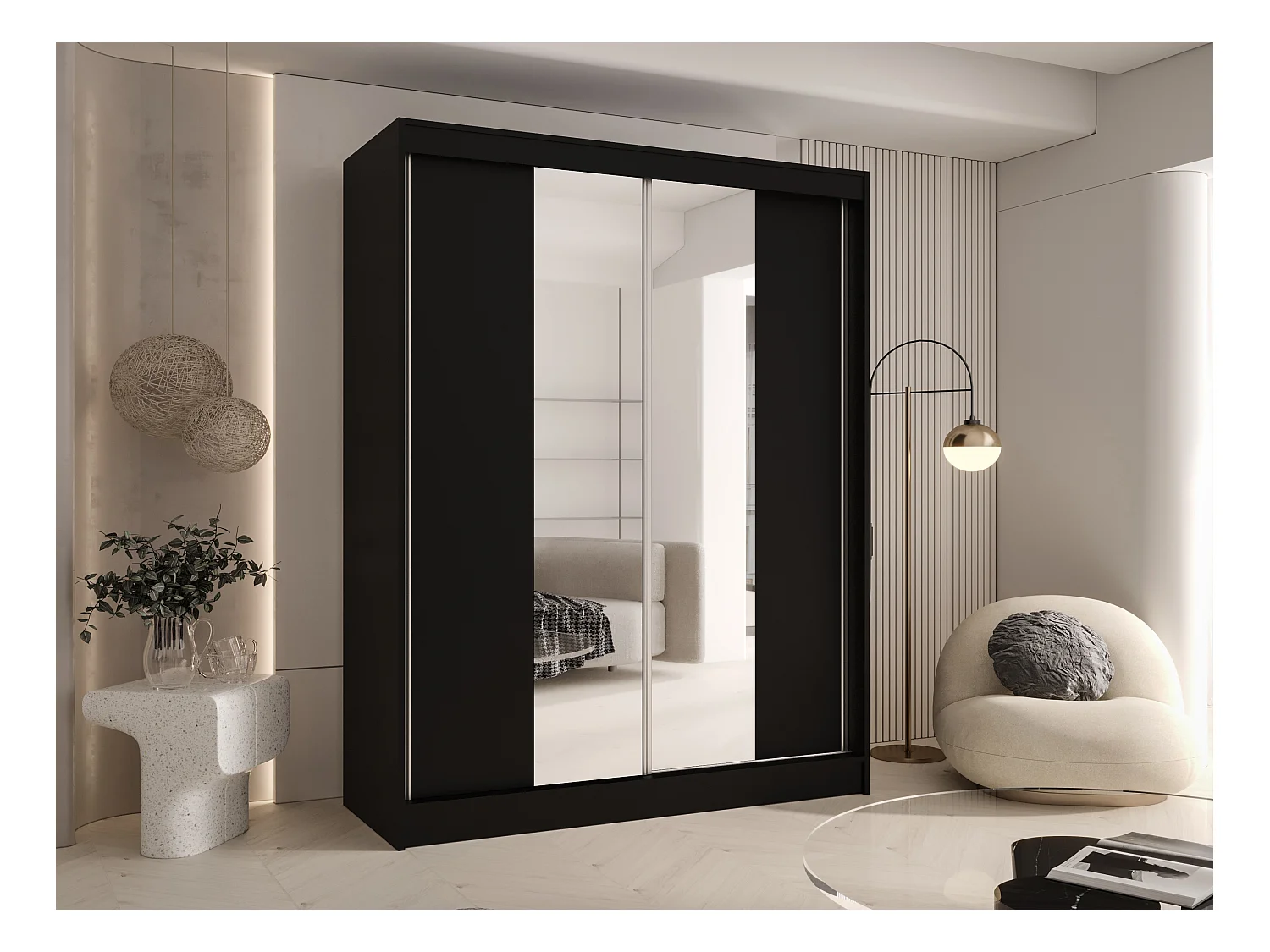 CHARLOTTE C2 Zweitüriger Schiebeschrank mit Spiegel, TOP PRODUKT 150cm Garderobe mit Kleiderstange/Regalböden, Verschieden Farben, Möbel vom Hersteller (Schwarz)