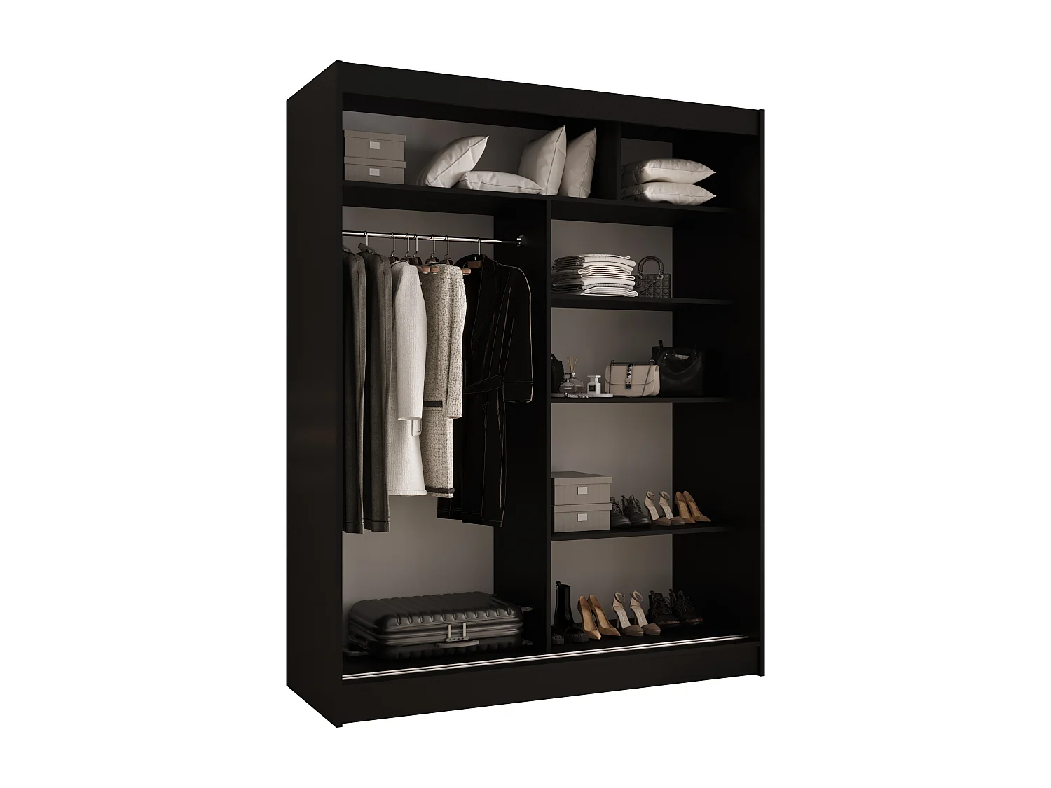CHARLOTTE C2 Zweitüriger Schiebeschrank mit Spiegel, TOP PRODUKT 150cm Garderobe mit Kleiderstange/Regalböden, Verschieden Farben, Möbel vom Hersteller (Schwarz)