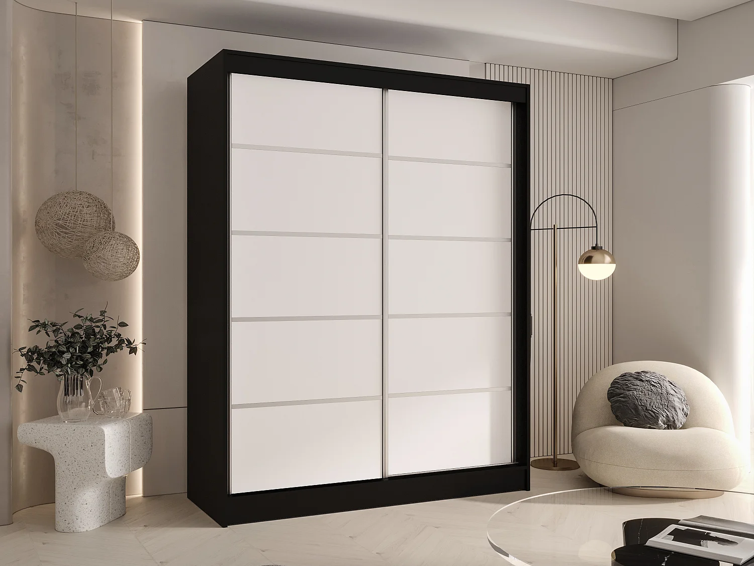 CHARLOTTE C4 Zweitüriger Schiebeschrank TOP PRODUKT 150cm Garderobe mit Kleiderstange/Regalböden, Verschieden Farben, Möbel vom Hersteller (Schwarz/Weiß)