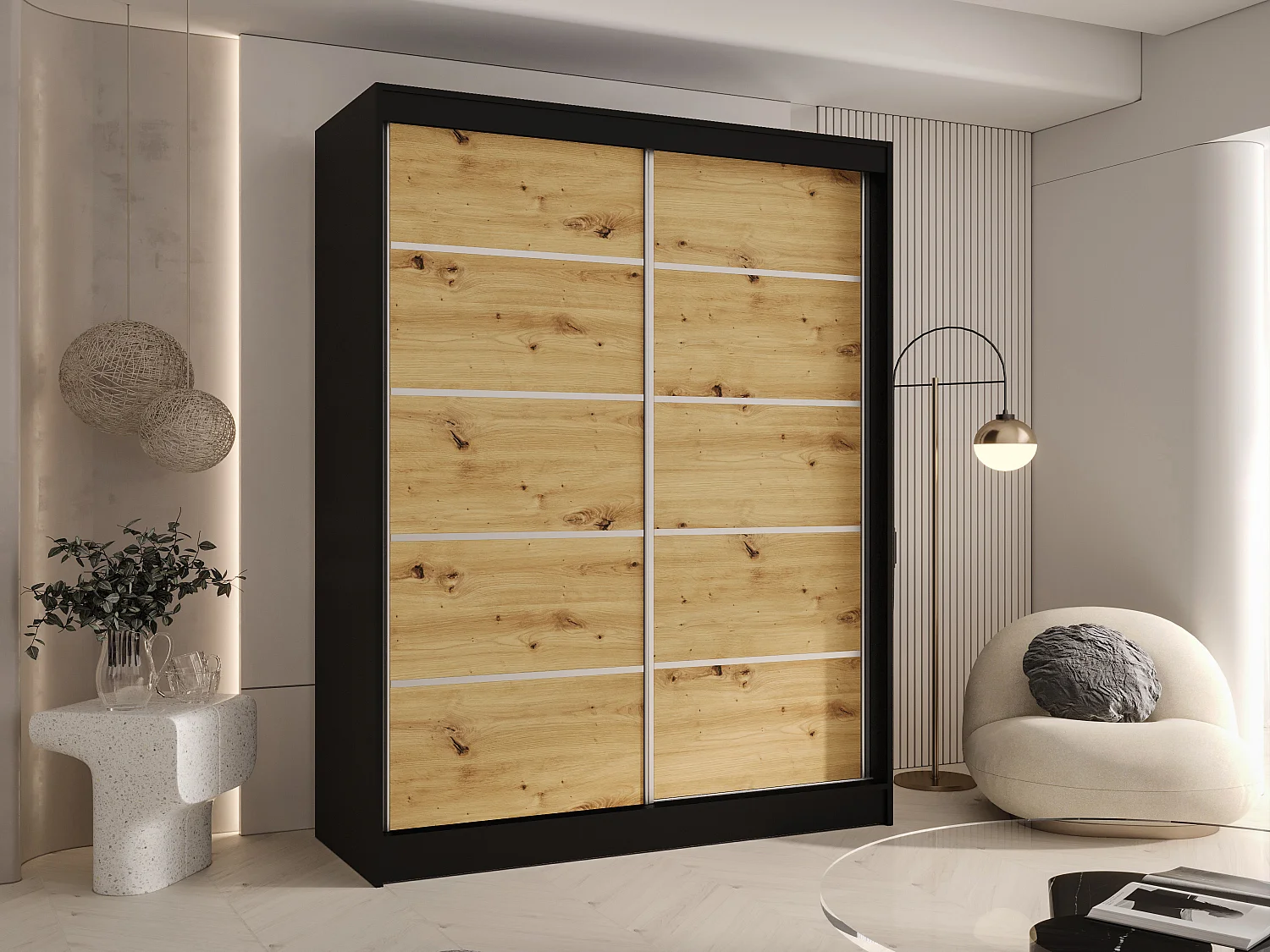 CHARLOTTE C4 Zweitüriger Schiebeschrank TOP PRODUKT 150cm Garderobe mit Kleiderstange/Regalböden, Verschieden Farben, Möbel vom Hersteller (Schwarz/Artisan)