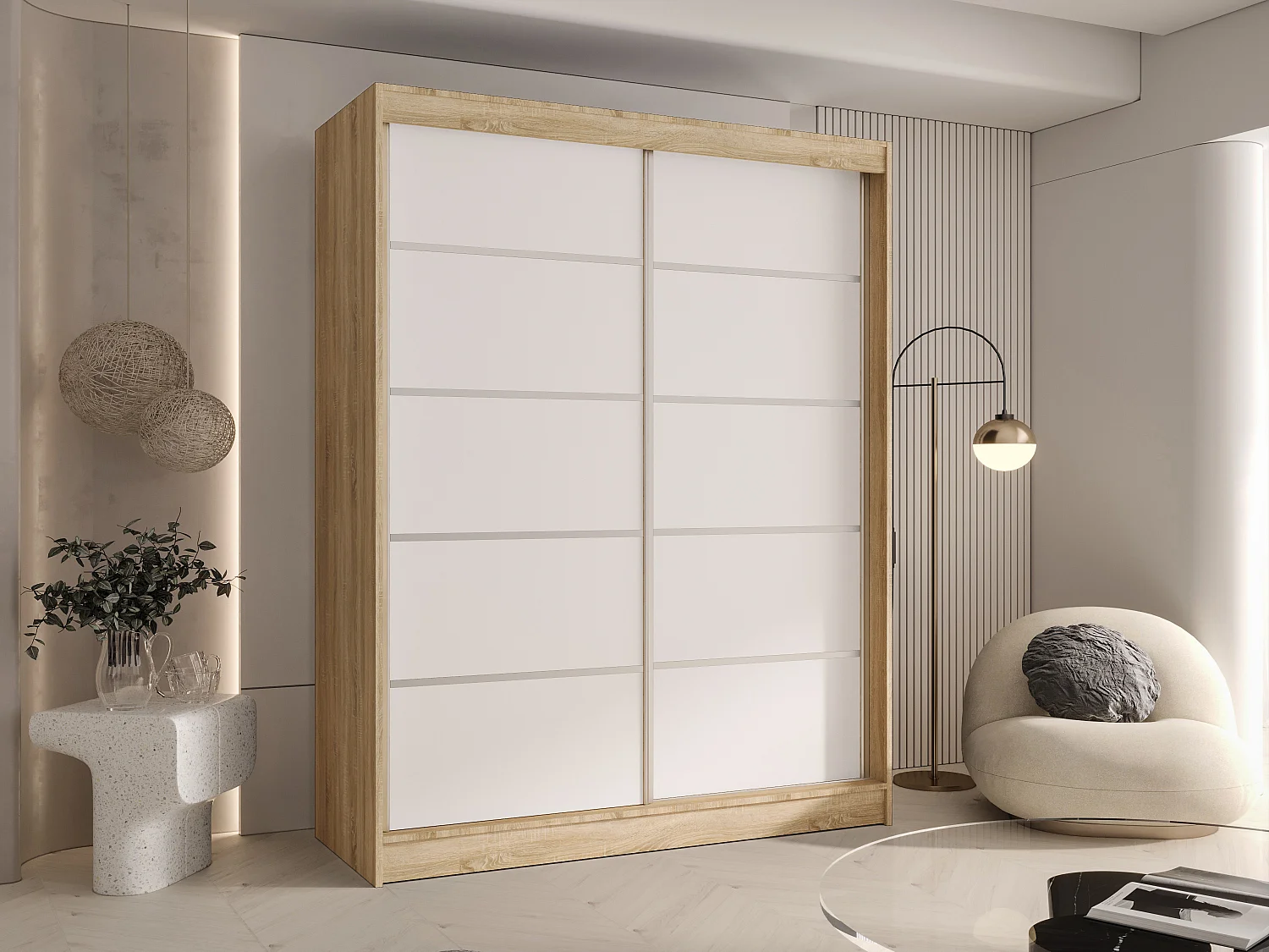 CHARLOTTE C4 Zweitüriger Schiebeschrank TOP PRODUKT 150cm Garderobe mit Kleiderstange/Regalböden, Verschieden Farben, Möbel vom Hersteller (Sonoma/Weiß)