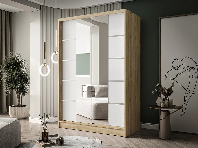 Zweitüriger Schiebeschrank mit Spiegel LAUSANNE L5, Regalböden und Kleiderstange (Sonoma/Weiß)