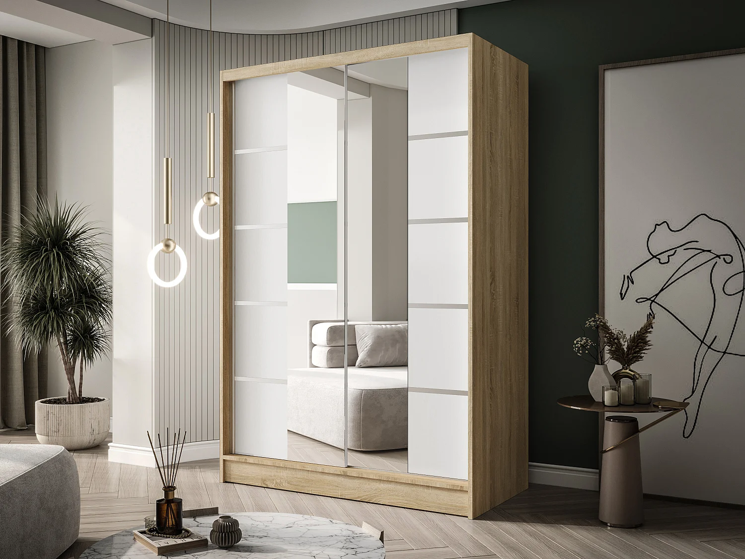 Zweitüriger Schiebeschrank mit Spiegel LAUSANNE L5, Regalböden und Kleiderstange (Sonoma/Weiß)