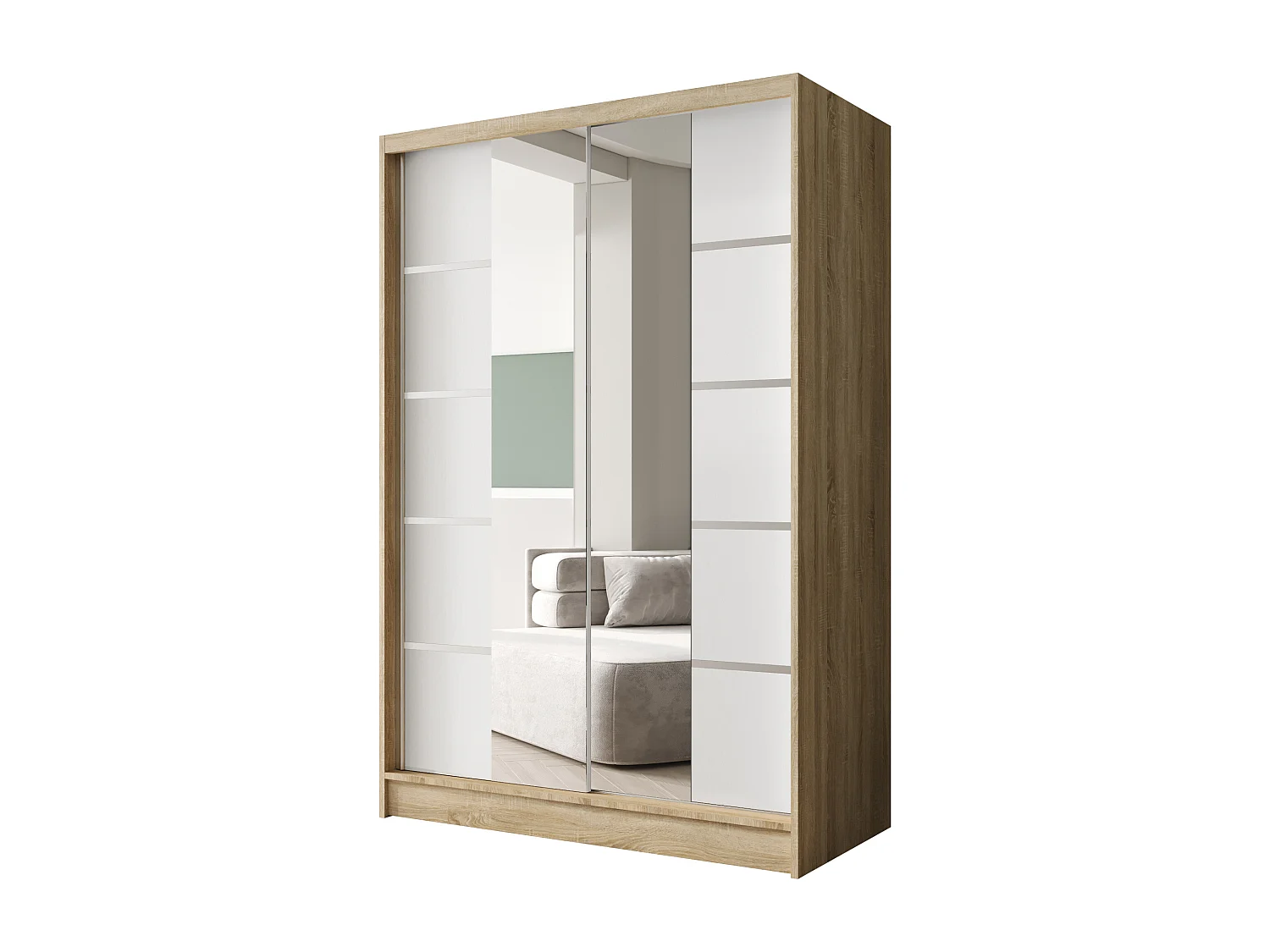 Zweitüriger Schiebeschrank mit Spiegel LAUSANNE L5, Regalböden und Kleiderstange (Sonoma/Weiß)