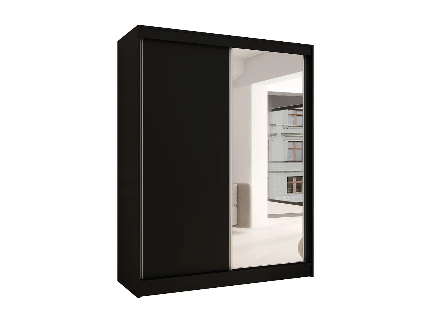 CHARLOTTE C1 Zweitüriger Schiebeschrank mit Spiegel, TOP PRODUKT 150cm Garderobe mit Kleiderstange/Regalböden, Verschieden Farben, Möbel vom Hersteller (Schwarz)