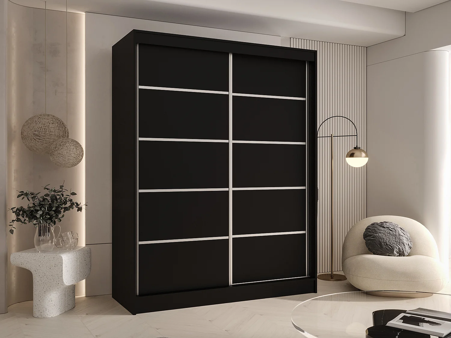 CHARLOTTE C4 Zweitüriger Schiebeschrank TOP PRODUKT 150cm Garderobe mit Kleiderstange/Regalböden, Verschieden Farben, Möbel vom Hersteller (Schwarz)