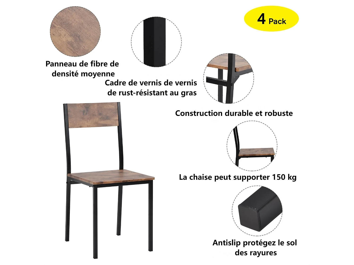 Ensemble table + 2 chaises, en MDF+PVC+métal, charge max 150 kg, pour balcon et salle à manger et salon
