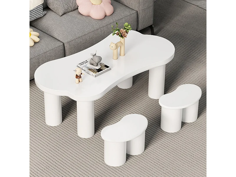Asymmetrischer Couchtisch mit 2 Stühlen - MDF + PVC Füße - 113x58x40,5 cm - Weiß