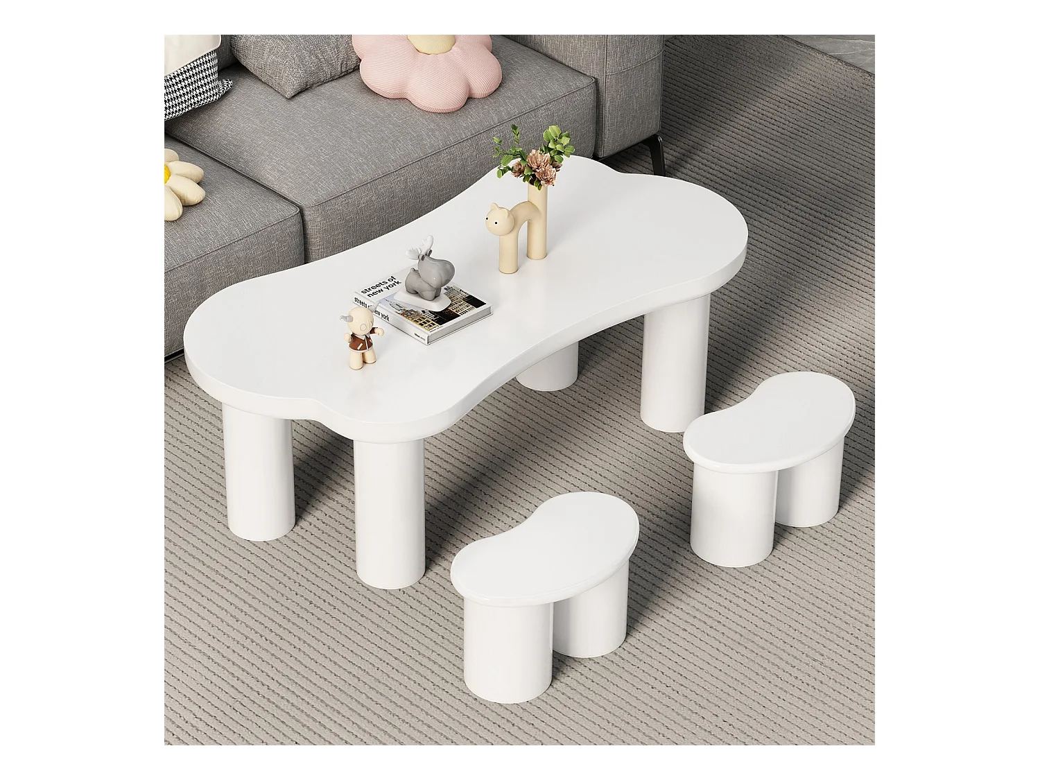Asymmetrische salontafel met 2 ontlasting - MDF + PVC -voeten - 113x58x40,5 cm - wit