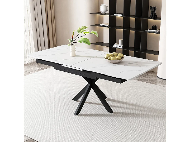 Tavolo da pranzo estendibile 150/180 cm - 4-8 persone - Effetto in marmo bianco in MDF e piedi in metallo nero
