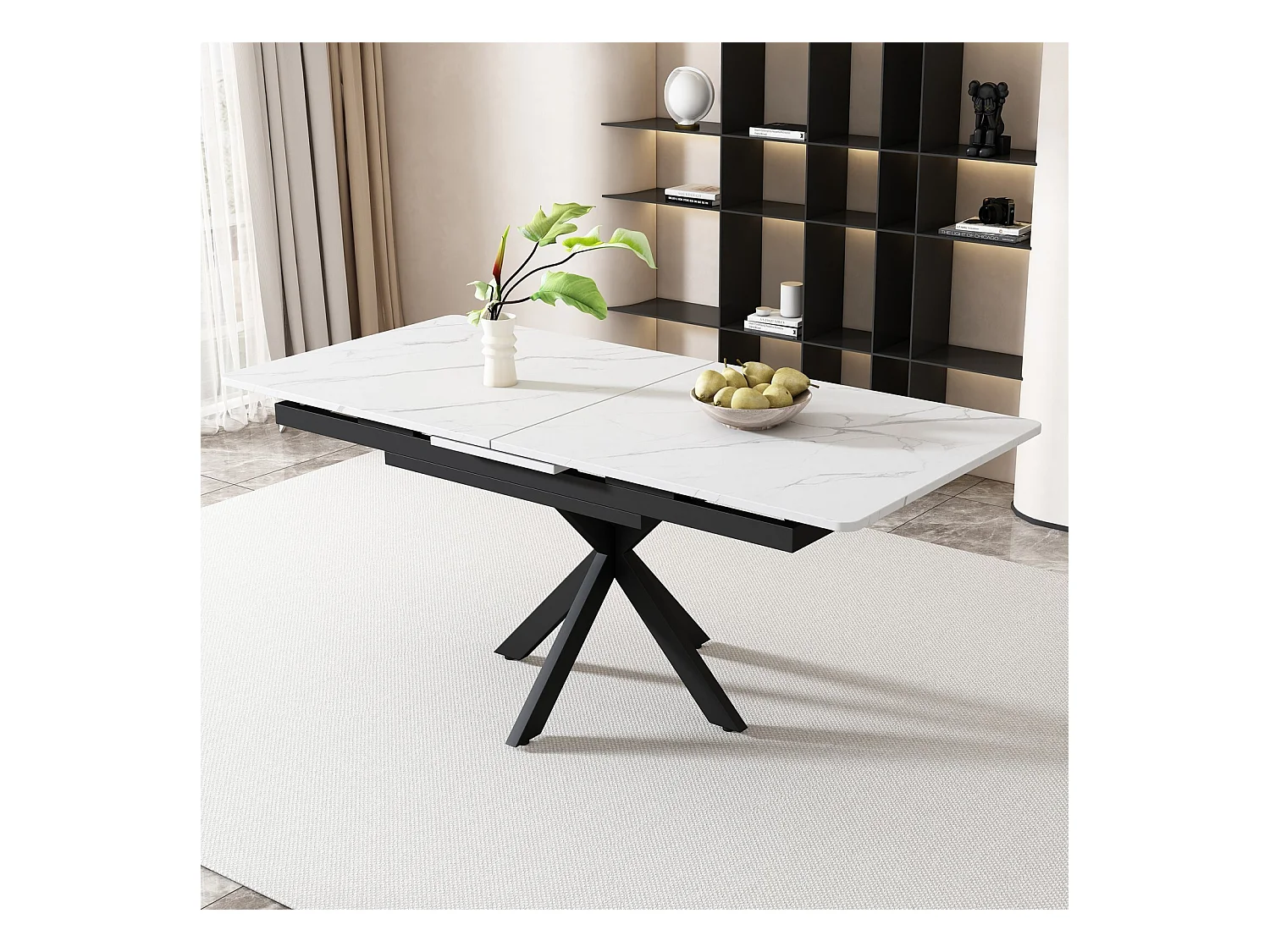 Table à manger extensible 150/180cm - 4 à 8 personnes - Effet marbre blanc en MDF et pieds noir en métal
