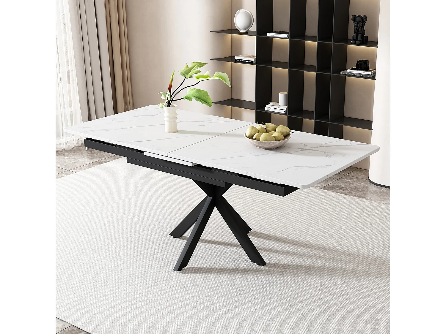 Table à manger extensible 150/180cm - 4 à 8 personnes - Effet marbre blanc en MDF et pieds noir en métal