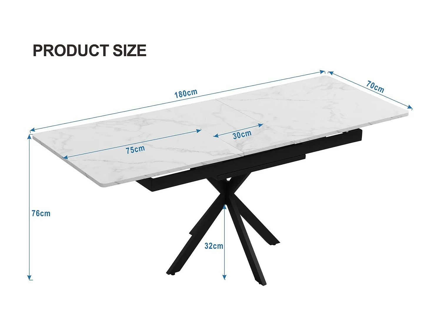 Table à manger extensible 150/180cm - 4 à 8 personnes - Effet marbre blanc en MDF et pieds noir en métal