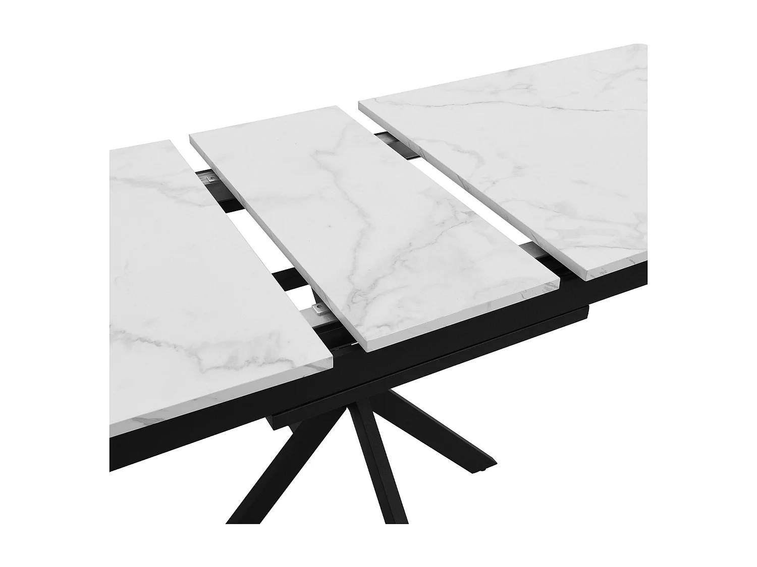 Table à manger extensible 150/180cm - 4 à 8 personnes - Effet marbre blanc en MDF et pieds noir en métal