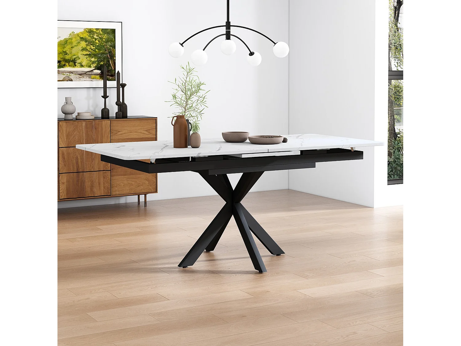 Table à manger extensible 150/180cm - 4 à 8 personnes - Effet marbre blanc en MDF et pieds noir en métal