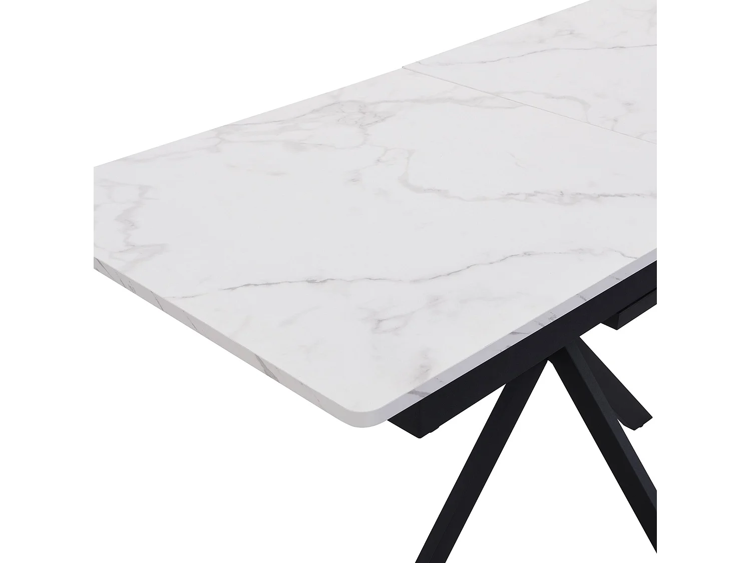 Table à manger extensible 150/180cm - 4 à 8 personnes - Effet marbre blanc en MDF et pieds noir en métal