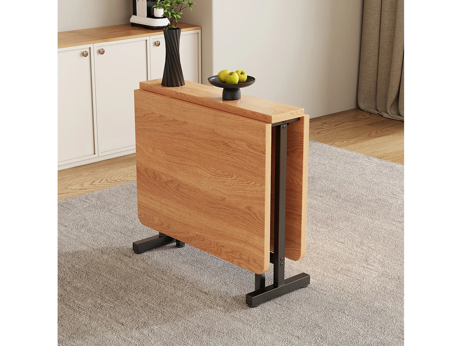 Eettentabel 4 tot 6 personen - MDF en metaal - Natuurlijk en zwart - Uitbreidbaar en opvouwbaar - 21/120x80x75cm