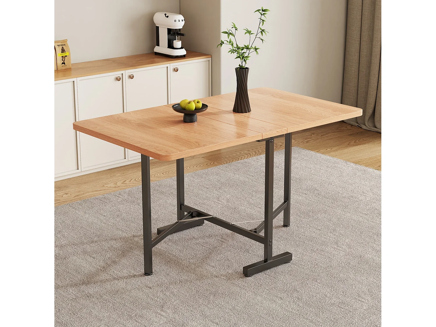 Table à manger 4 à 6 personnes - MDF et métal - Naturel et noir - extensible et pliable - 21/120x80x75cm