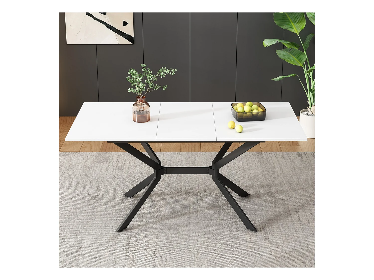 Tableau à manger extensible blanc 120/160cm, 4 à 6 personnes, en MDF et Métal, table rectangulaire