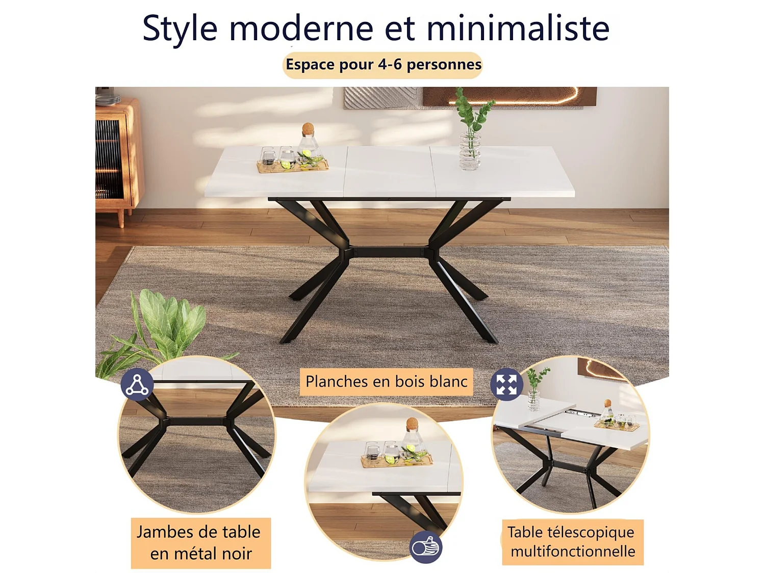 Tableau à manger extensible blanc 120/160cm, 4 à 6 personnes, en MDF et Métal, table rectangulaire
