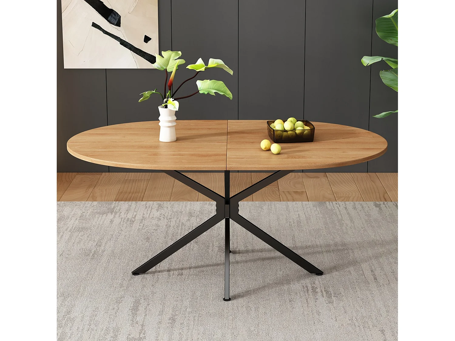 Tabla de comedor oval de 4 a 6 personas, en MDF y metal - Natural y Negro - Mesa fija - 120x80x75.5cm