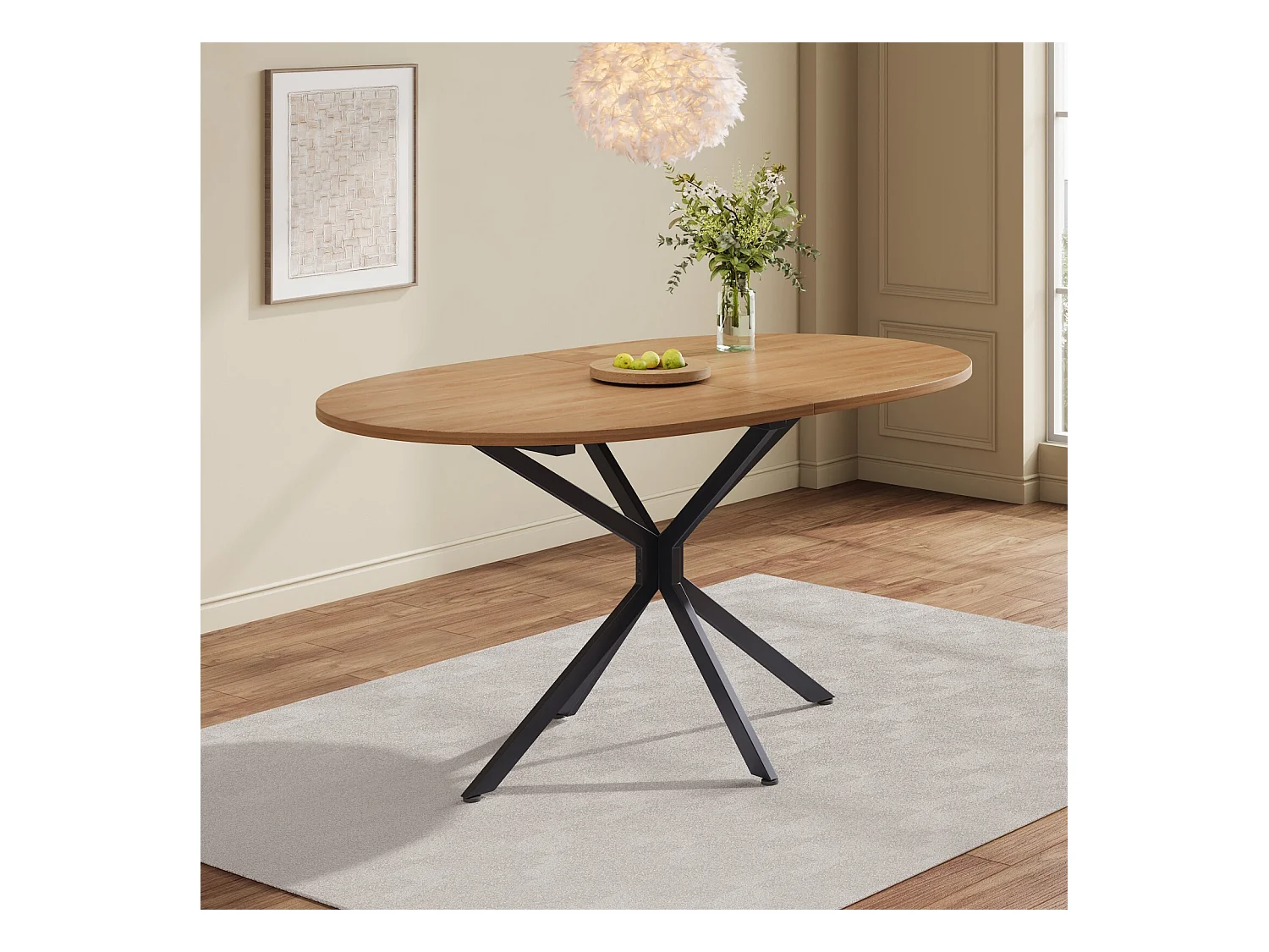 Tabla de comedor oval de 4 a 6 personas, en MDF y metal - Natural y Negro - Mesa fija - 120x80x75.5cm