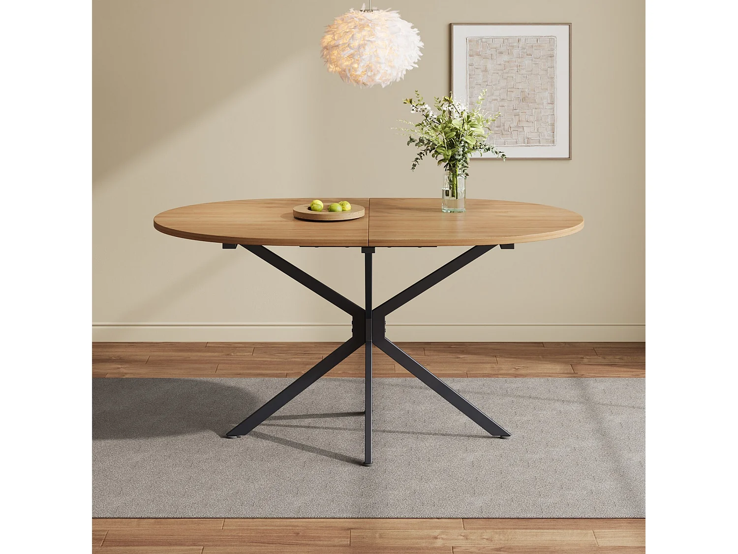 Tabla de comedor oval de 4 a 6 personas, en MDF y metal - Natural y Negro - Mesa fija - 120x80x75.5cm