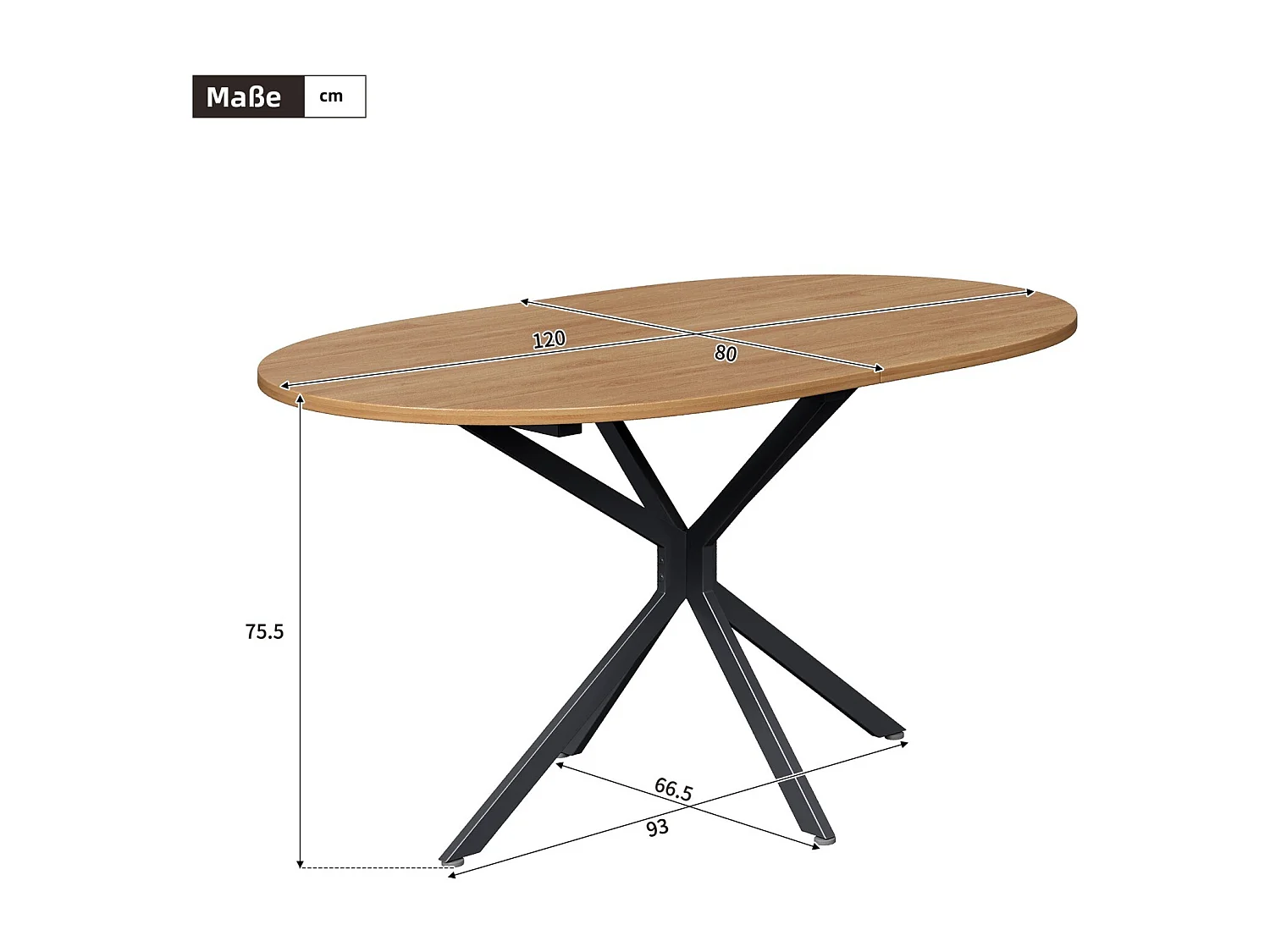Table à manger ovale 4 à 6 personnes - en MDF et métal - Naturel et noir - Table fixe - 120x80x75.5cm