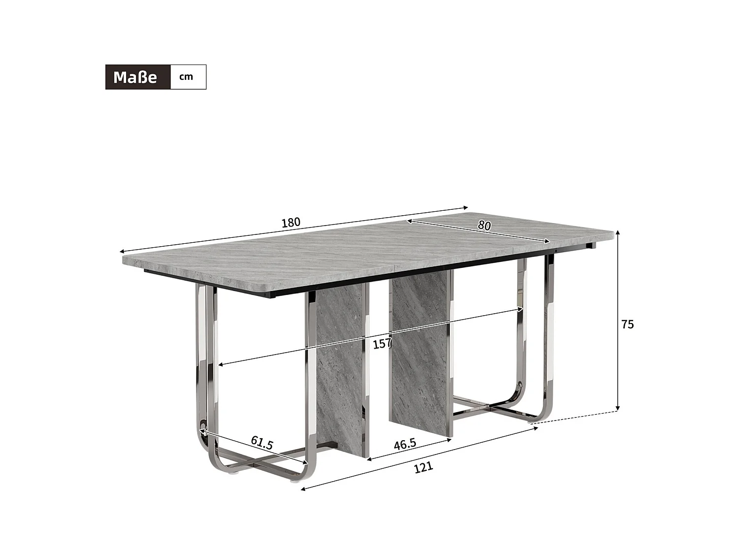 Eettentabel 6 tot 8 personen in MDF en metaal - grijs en zilver - rechthoekige eettafel - 180x80x75cm