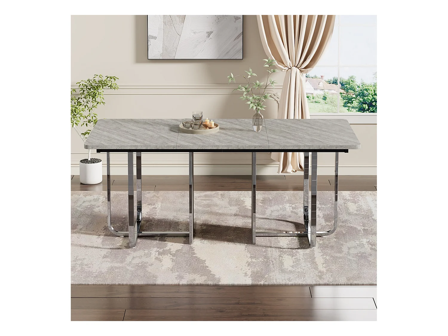 Eettentabel 6 tot 8 personen in MDF en metaal - grijs en zilver - rechthoekige eettafel - 180x80x75cm