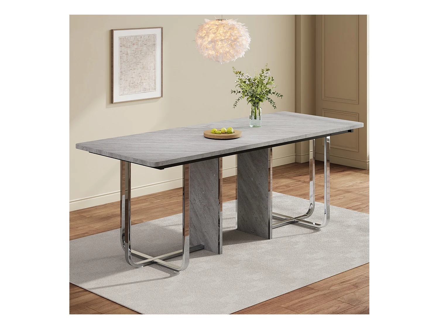 Table à manger 6 à 8 personnes en MDF et métal - Gris et Argent - table à manger rectangle - 180x80x75cm