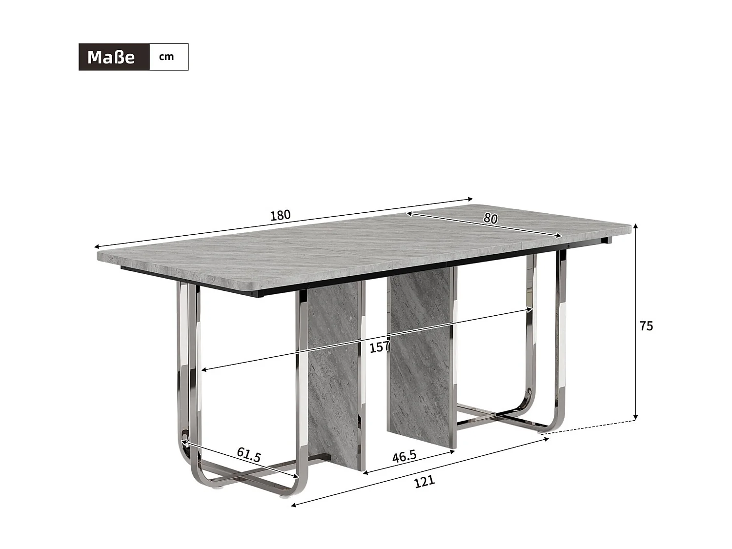 Table à manger 6 à 8 personnes en MDF et métal - Gris et Argent - table à manger rectangle - 180x80x75cm